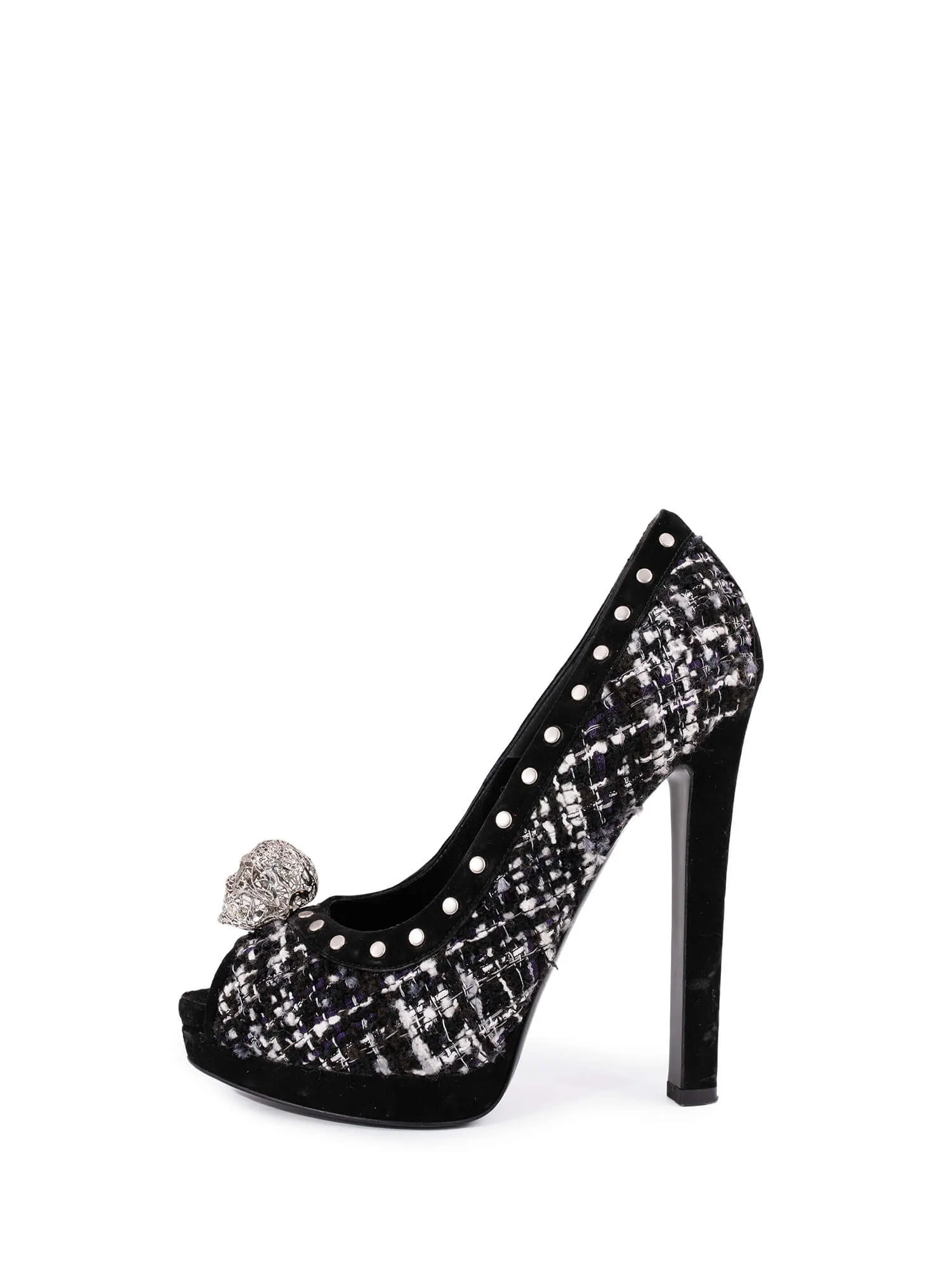 Alexander McQueen Tweed Studded Skull Shoes Black White