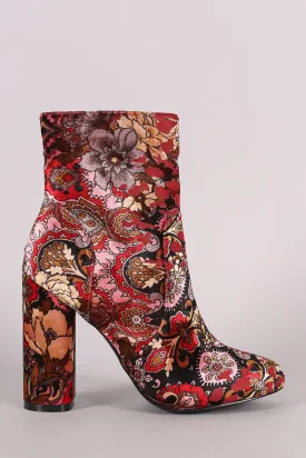 Floral Print Velvet Chunky Heel Ankle Boot