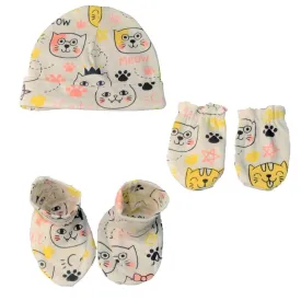 Mittens, Booties and Cap set- Meow Meow