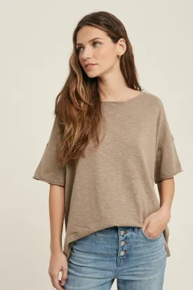 Oversized drop shoulder slub knit top with side slit detail