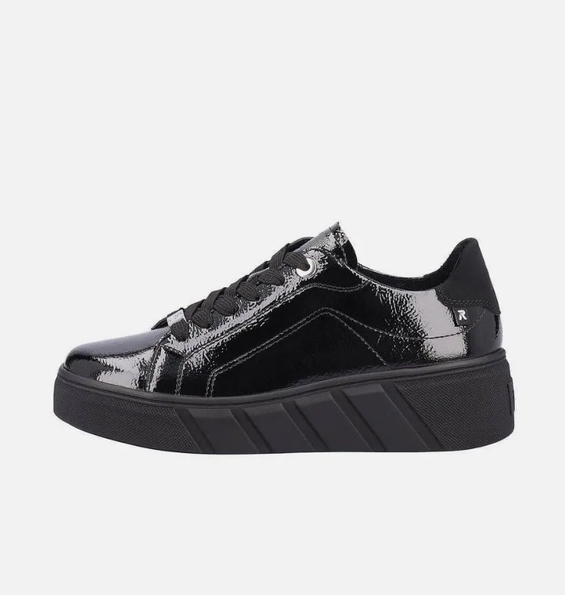 Rieker Evolution W0501-00 Crashlack Black Patent Leather Flatform Trainers