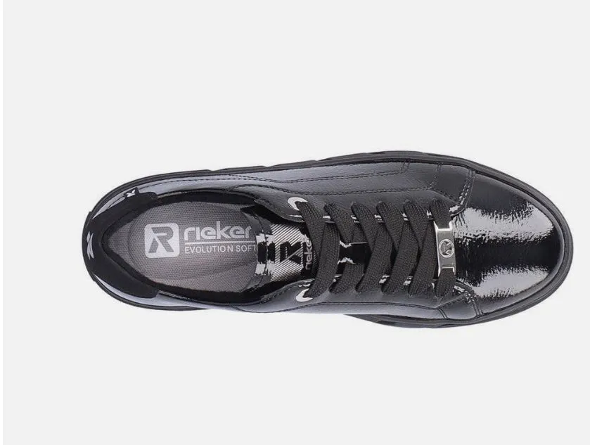 Rieker Evolution W0501-00 Crashlack Black Patent Leather Flatform Trainers