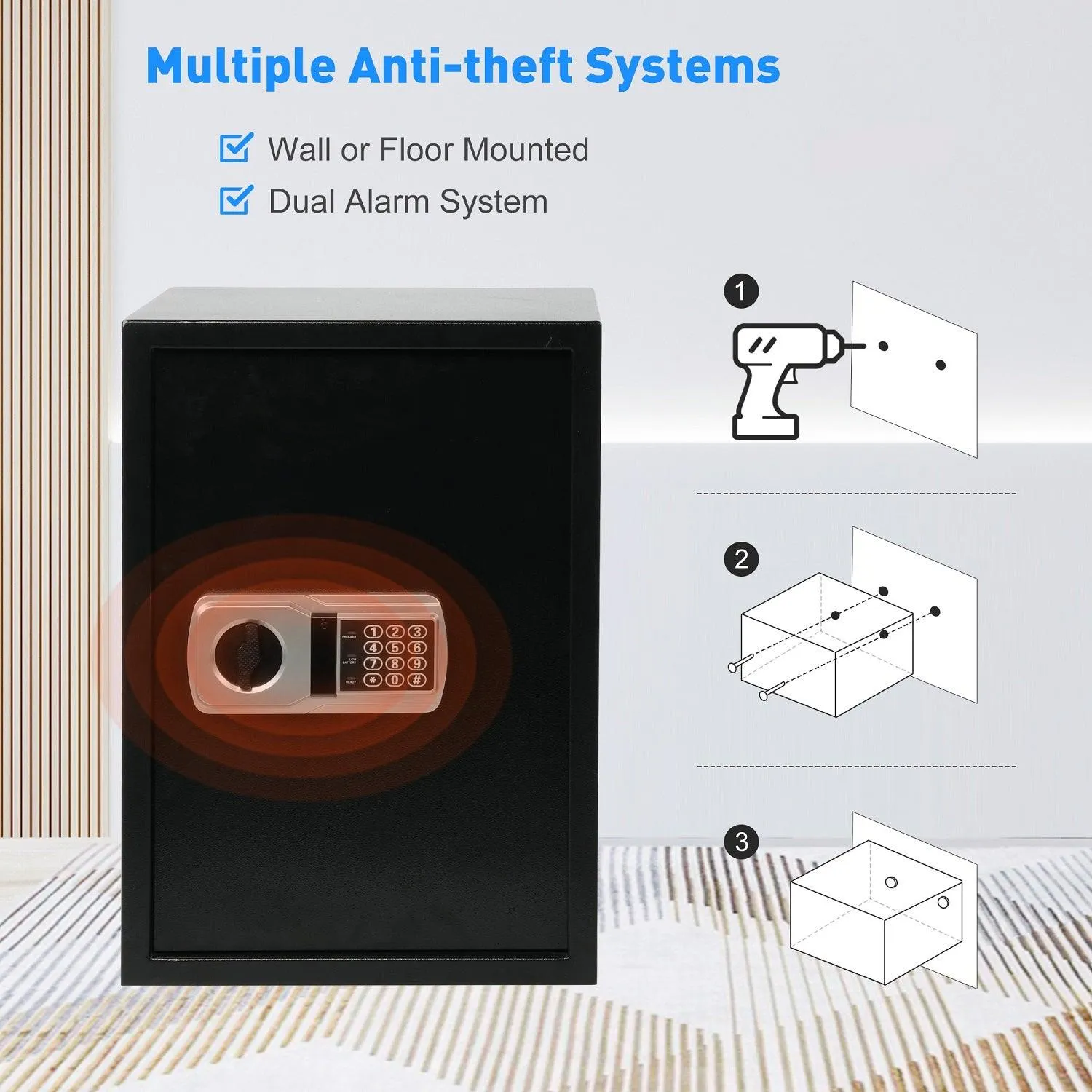 Safe Box with Double Warning Alarm key and Keypad Dual Use Security Lock, Fireproof Safe with LED Light for Storing Valuables, 19.7"x13.8"x12.2"