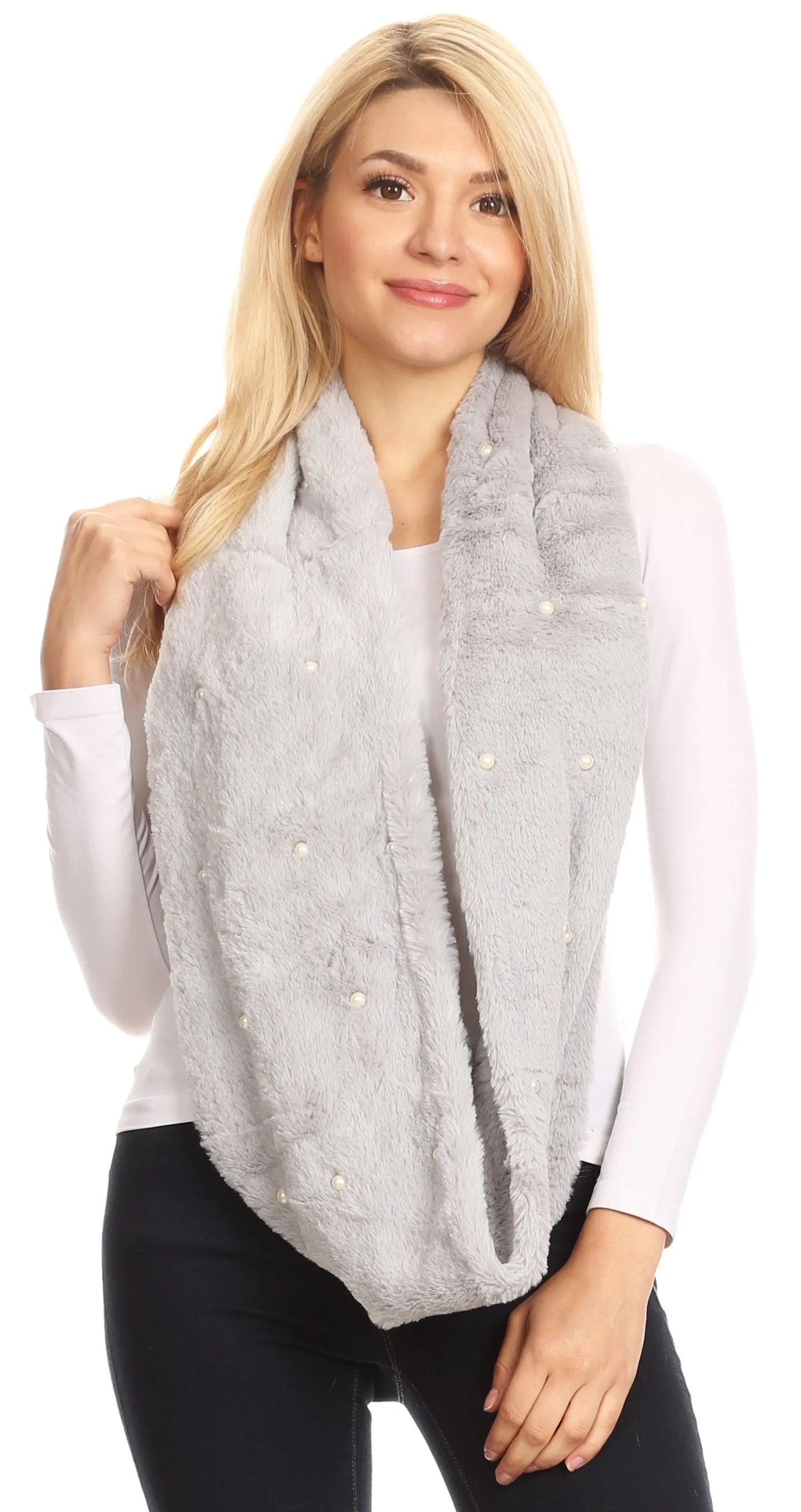 Sakkas Sabby Long Thin Faux Fur Pearl Embellishment Warm Soft Infinity Scarf