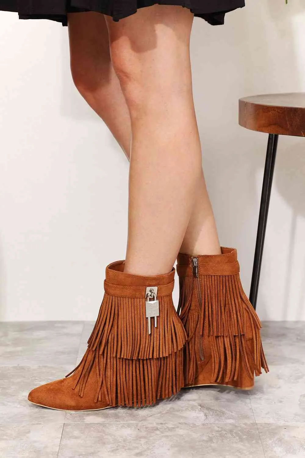 TEEK - Tassel Wedge Heel Ankle Booties | Ochre